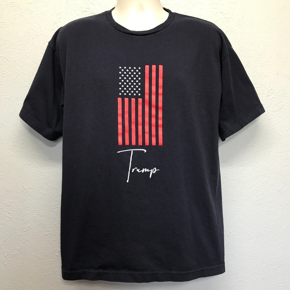 Donald Trump T-Shirt Mens XL USA Flag Navy Blue Script American Made Bayside -B